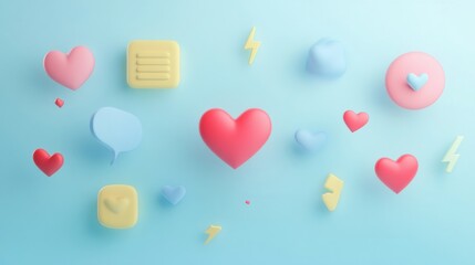 Floating 3D chat bubbles and colorful hearts create a playful atmosphere against a soft blue backdrop. Generative AI