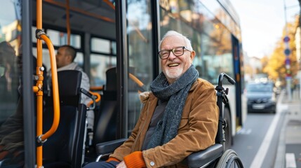 A senior man in a wheelchair, smiling as he boards a modern public transport bus with the help of a friendly attendant. 