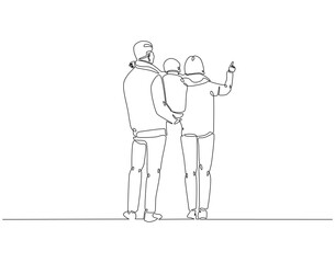 Continuous line drawing of family standing together back view. Single line illustration of happy family. Bonding, care, love concept. Editable outline