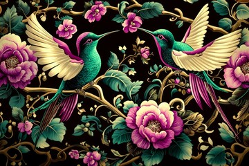 Obraz premium Unique hummingbird motifs in a striking chinoiserie style.