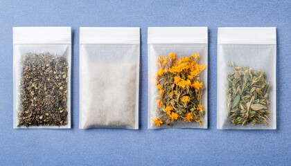 A vibrant display of four transparent bags containing various herbs and dried flowers, arranged neatly on a blue background.