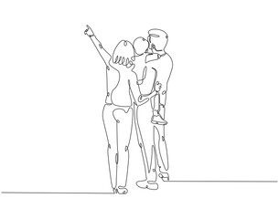 Continuous line drawing of family standing together back view. Single line illustration of happy family. Bonding, care, love concept. Editable outline