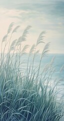 Serene landscape painting of textured tall grass swaying in breeze, calm sea, and clear sky in soft pastel green and blue tones