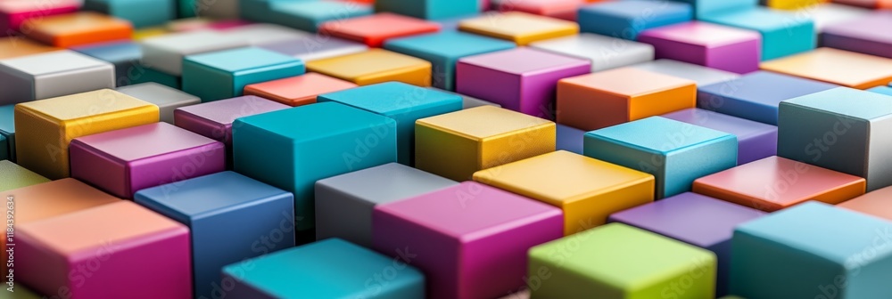 Poster abstract background, multicolored cubes flowing and shifting in modern geometric pattern.
