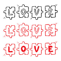 Puzzle pieces with the word Love. Doodle hand-drawn elements, red and black contour variations, isolated on a white background. Prints, digital design, cards, Valentines, weddings, anniversaries
