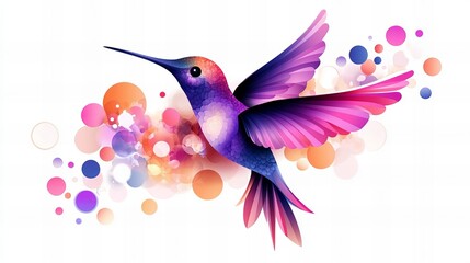 Obraz premium Vibrant hummingbird in flight, surrounded by colorful abstract circles. A whimsical, artistic depiction of nature.