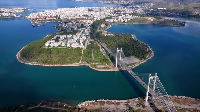 Aerial view of the new Evripus suspension bridge connecting the mainland and the city of Chalkida, Euboea island, Greece