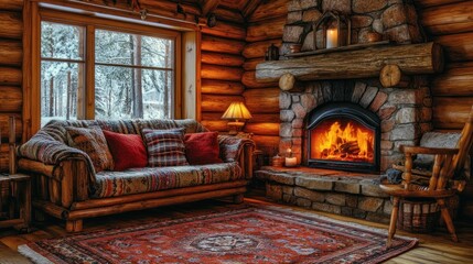 Cozy log cabin living room with fireplace, sofa, and rug.
