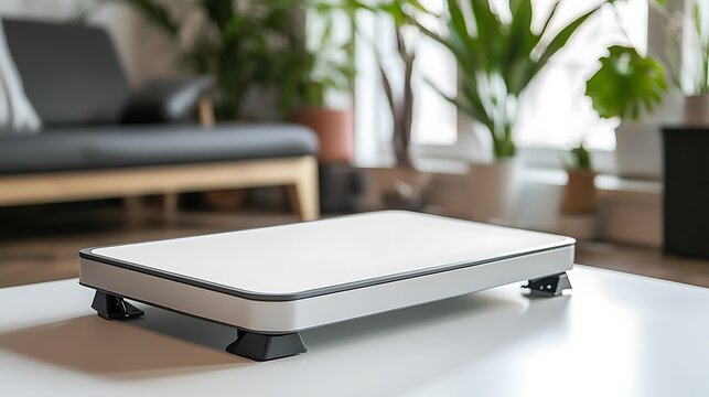 A white and black box sits on a table in a room with a potted plant in the backg