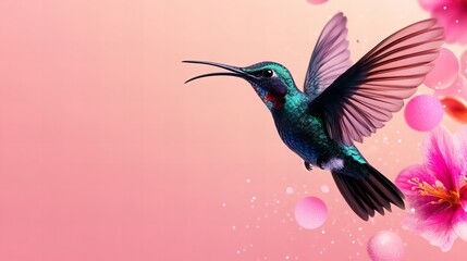 Obraz premium Vibrant hummingbird in flight against a soft pink background, surrounded by delicate pink flowers. A whimsical image of nature's beauty.