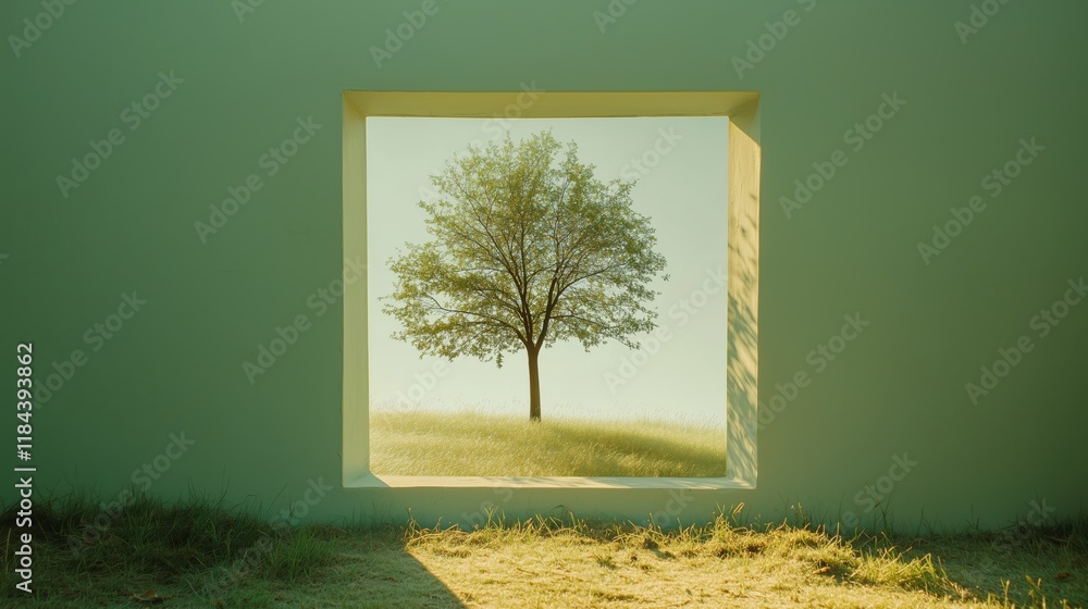 Poster serene tree view framed by minimalist square window in green space