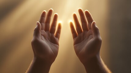 Man raised hands offers a prayer faith, hope under light of heaven, seeking god's help. People gather in a church on Good Friday to worship, pray, and believe in grace love of jesus.