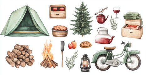 Watercolor camping clipart set with tents, firewood, sleeping bags, lanterns, cooking pots, motorcycle, and festive elements like wine and pie