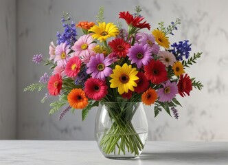A bouquet of mixed colorful flowers in a clear glass vase , decorative, bouquet, vases