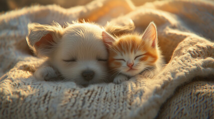 Puppy and kitten sleeping together on cozy blanket