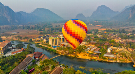 Vang Vieng, Laos. Flying in a hot air balloon. Tourist resort of Laos. Vang Vieng panorama