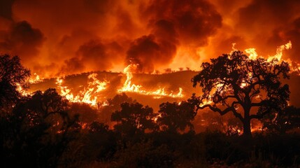 Naklejka premium Wildfire engulfs hillside, creating a dramatic inferno at dusk with fiery flames spreading rapidly through the forest