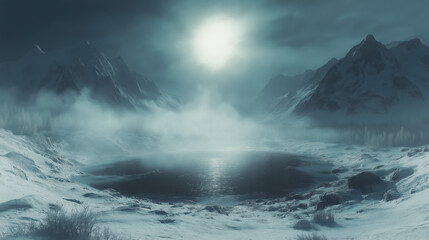 Naklejka premium Mystical alpine lake under moonlit winter sky surrounded by snow covered mountains