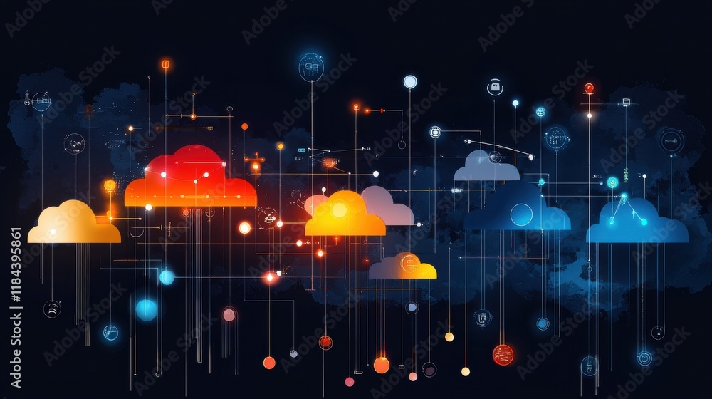 Poster futuristic digital cloud computing and intelligence technology concept with glowing lights