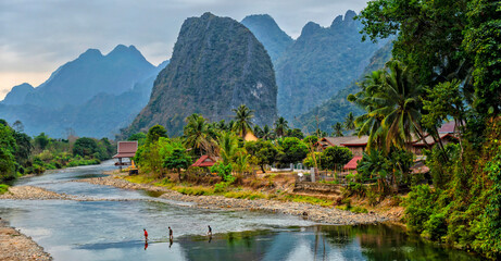 Vang Vieng, Laos. Landscape of Nam Song River at Vang Vieng. Travel and tourism in Asia