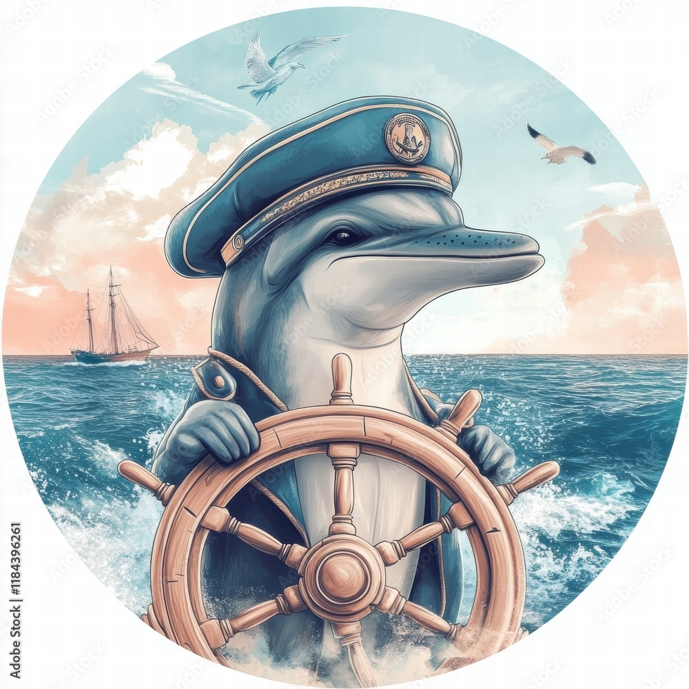 Poster dolphin in captain attire steering a ships wheel against a vibrant ocean backdrop during a serene da