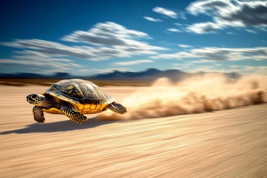 The dynamic motion of a turtle racing through sandy terrain.