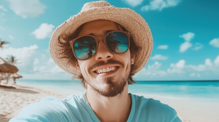 close-up shot of a good-looking male tourist. Enjoy free time outdoors near the sea on the beach. Looking at the camera while relaxing on a clear day Poses for travel selfies smiling happy tropical