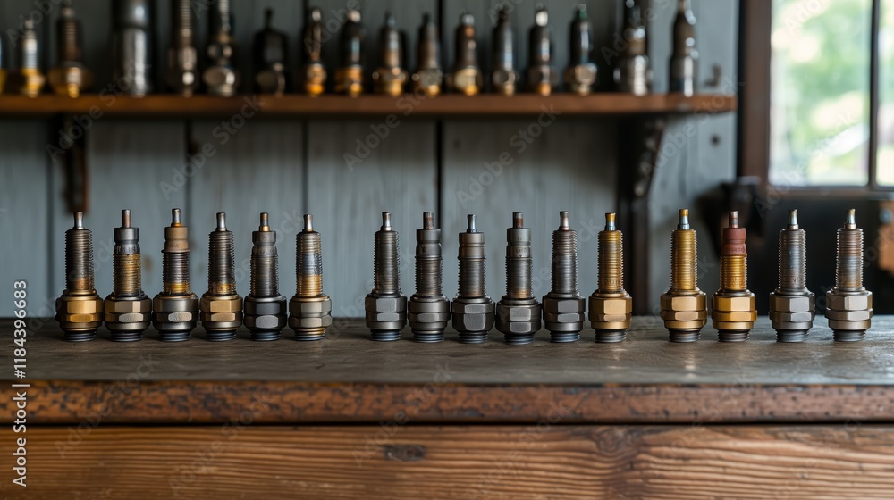 Poster collection of engine injectors on wooden table in workshop setting