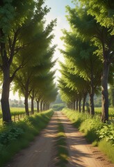 Obraz premium Winding country road through a lush green vineyard with tall trees and foliage, vines, trees, road