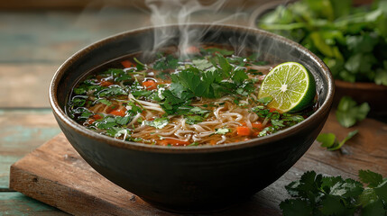 steaming bowl of pho with fresh herbs and lime, perfect for comfort