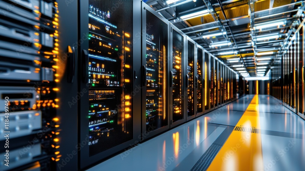 Poster rows of servers and data equipment in futuristic high tech data center corridor