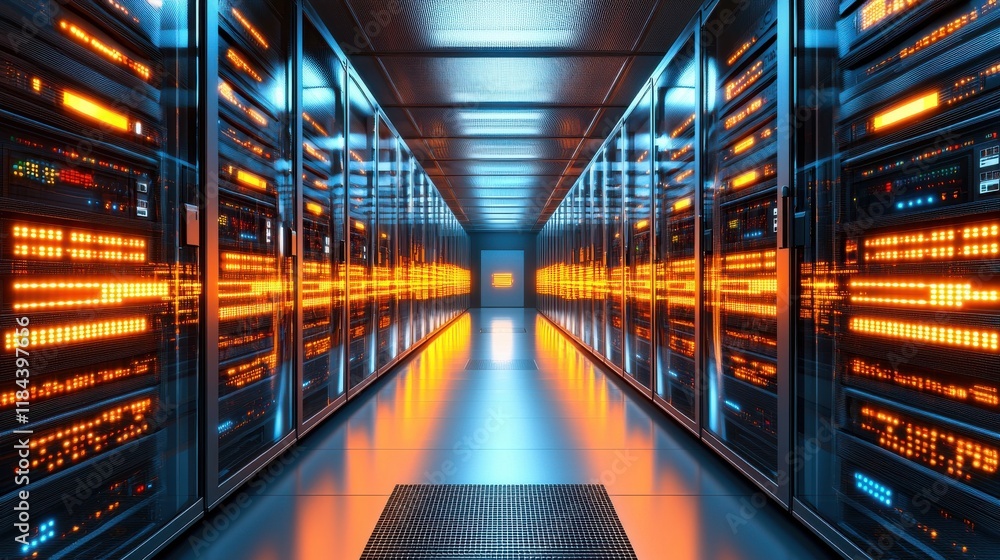 Poster glowing futuristic data center server racks in illuminated corridor