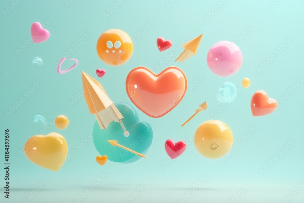 Poster floating 3d chat bubbles, hearts, and arrows creating a whimsical atmosphere in a light blue backgro