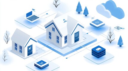 Isometric of Modern Winter Residential Architecture and Cloud Computing Services