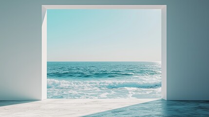 Fototapeta premium Serene Ocean View Through Open Window in Modern Minimalist Space
