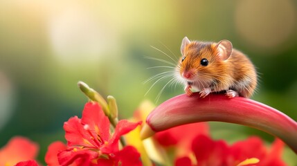 Adventurous mouse delights in colorful flower world