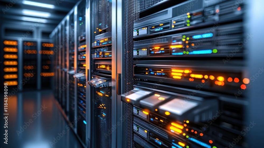 Poster blurred digital data server rack in technology datacenter