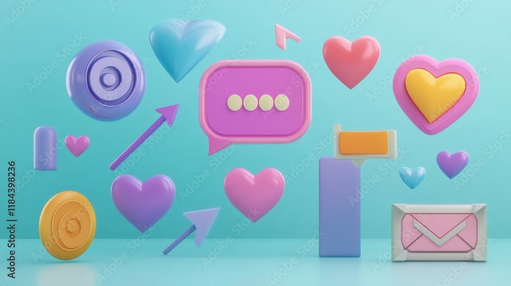 Poster floating 3d chat bubbles hearts and arrows create a lively digital communication scene. generative a