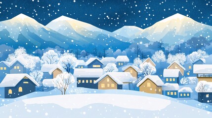 An illustration of a snowy village at night, featuring traditional thatched-roof houses with a backdrop of snow-covered mountains