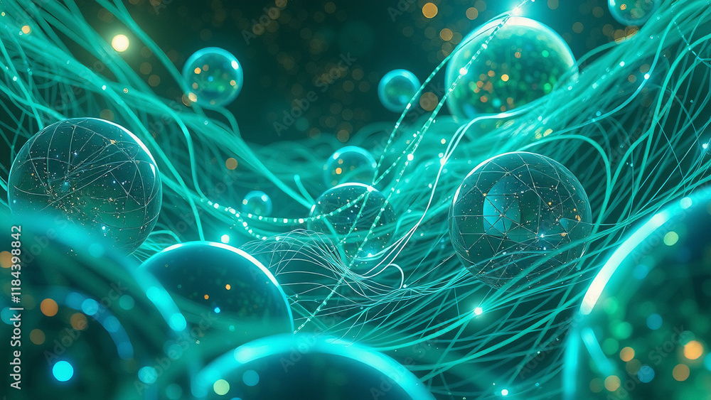 Poster a glowing fractal pattern with floating bubbles, energy waves, and vibrant blue tones, creating a dy