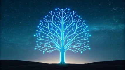 Illuminated Digital Tree Against a Starry Night Sky