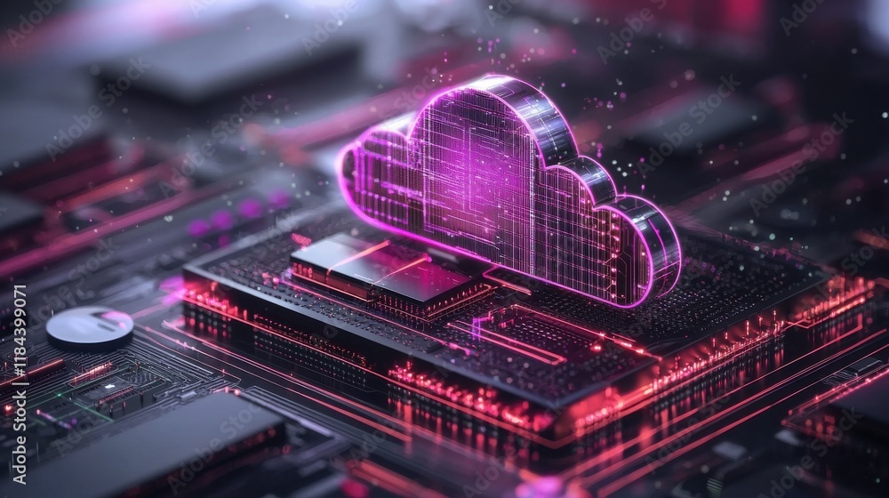 Aufkleber glowing digital cloud hosting server on futuristic tech circuit board