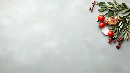 Grilled chicken breast with cherry tomatoes, radish, and olive branch on a gray background.