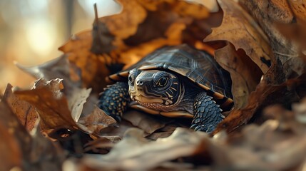 Naklejka premium A Turtle Sitting in a Pile of Leaves on a Sunny Day - Generative AI