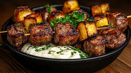 Grilled beef and potato skewers with creamy sauce in a cast iron bowl.