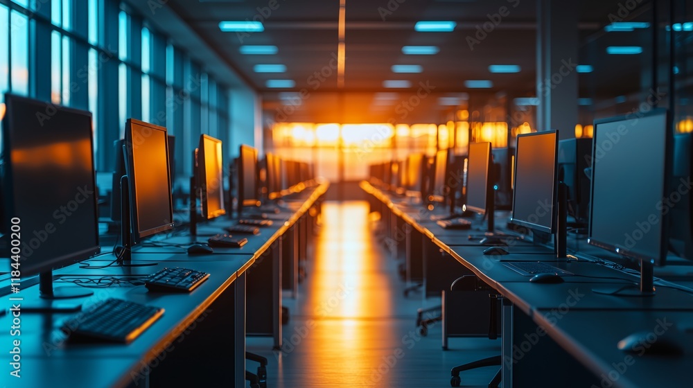 Poster sunlit office space with rows of computers at dusk