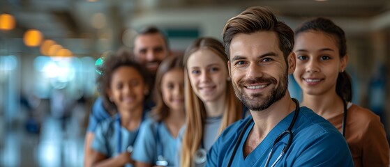 Fototapeta premium A group of people, including a man in a blue scrubs, are smiling for a picture