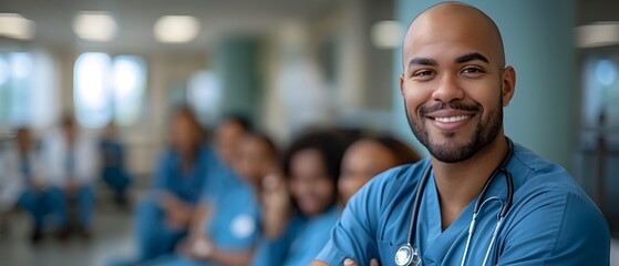 A man in a blue scrubs is smiling and posing for a picture