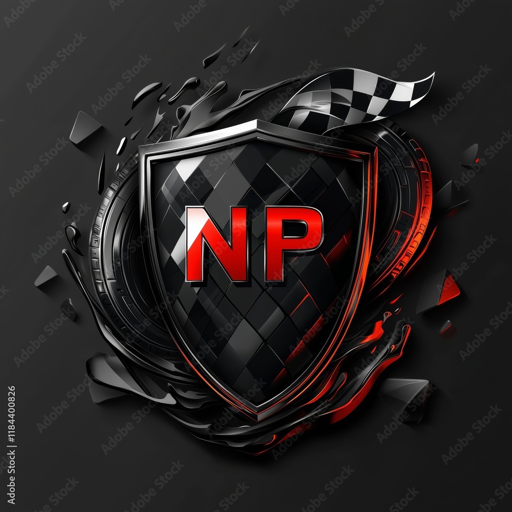 Poster modern racing shield design with checkerboard pattern and red accents
