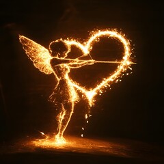 A cupid’s bow and arrow poised to strike, with a shimmering light trail leading towards a heart.